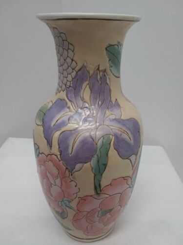 Chinese Pottery Vase Floral Pink Purple Iris' Green 8