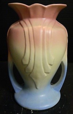 Vintage Hull Pottery Pink, Cream & Blue Double Handled Vase 48 9