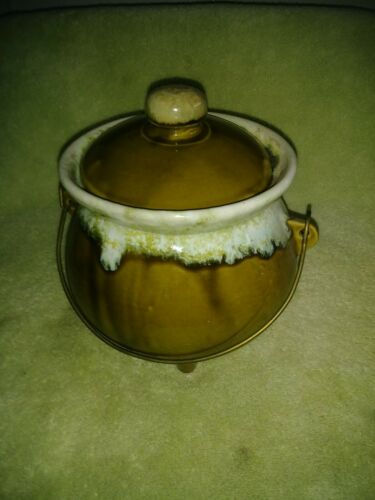 HULL Pottery Avocado Green Drip Glaze Bean Pot Metal Handle 3 Footed