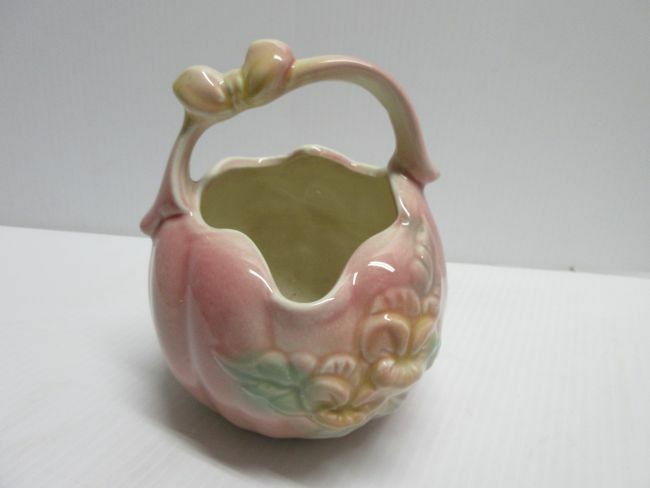 Vintage Pottery #84 Pink Floral Butterly Basket Vase USA