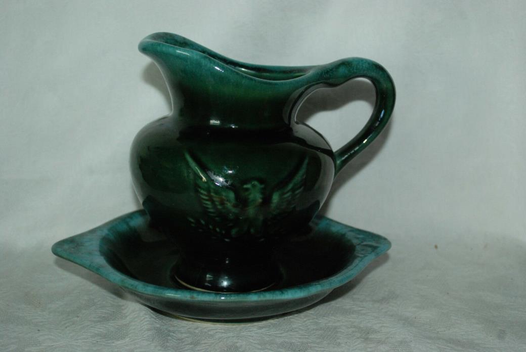 VINTAGE HULL GREEN PITCHER AND BOWL  WITH EAGLE