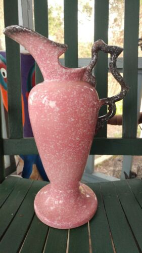 Vintage hull pitcher 14 in mottled pink twig handle MCM art deco w24 USA