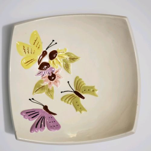 Vintage Pottery Mid-Century 1950s Square Creamic Curve Dish Butterflies & Flower