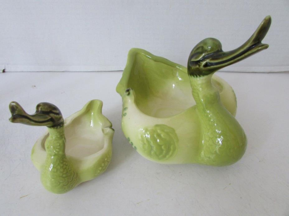 HULL POTTERY #80 USA MID CENTURY  PAIR OF DUCK SWAN DISHES BOWLS  YELLOW GREEN