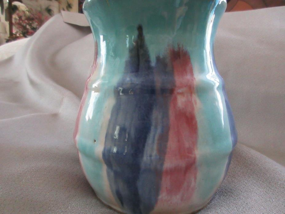 EARLY HULL POTTERY VASE TURQUOISE w MULTI HAND PAINTED H CIRCLE MARK  AWESOME!!