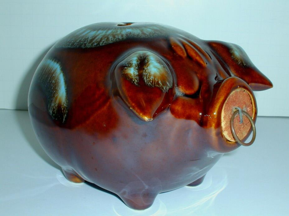 Vintage Hull Pottery CORKY PIG Brown/Aqua Ceramic Bank 1952 w Original Cork
