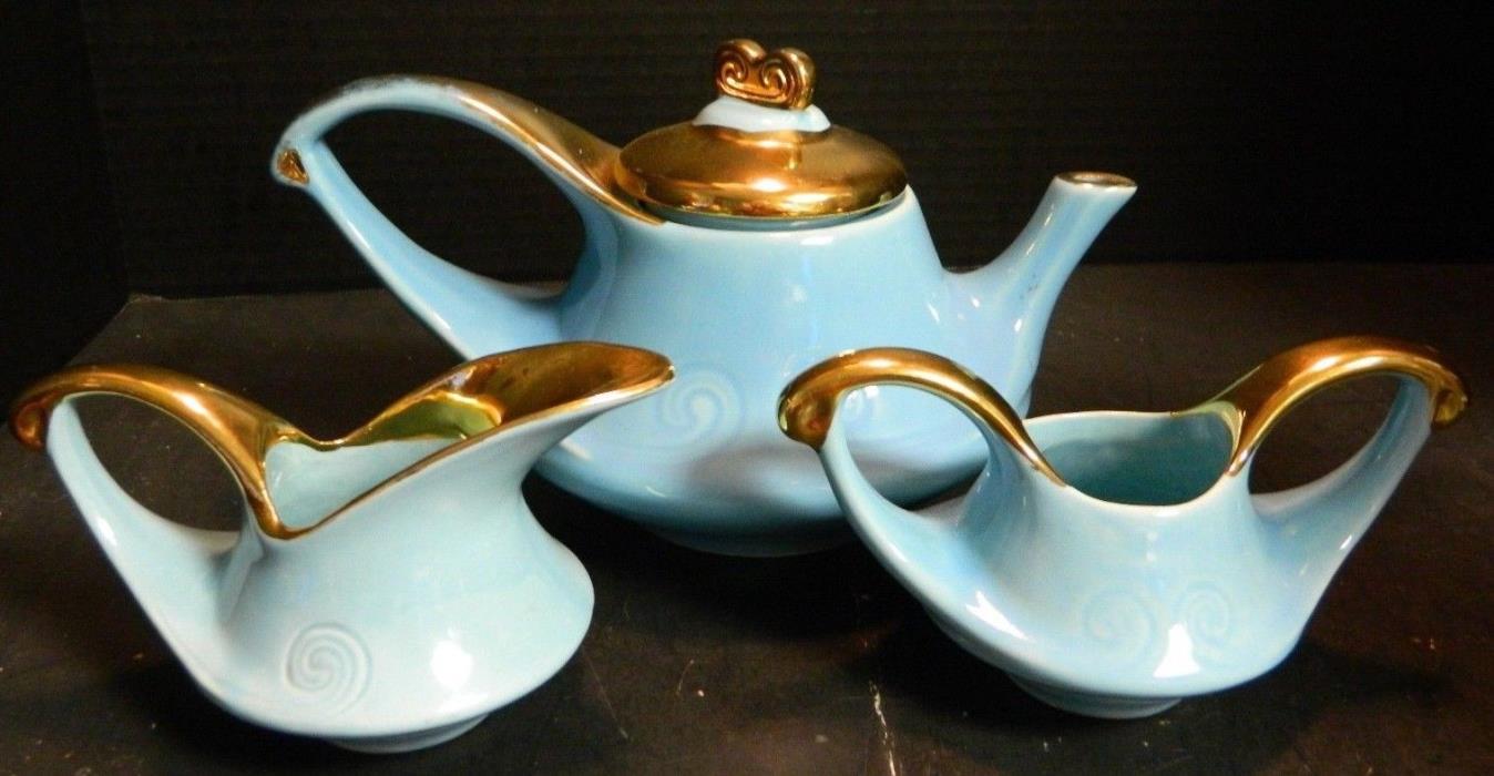 Vintage (3) Piece Gold & Blue Swirl Hull Tea Set  (Pot, Creamer & Sugar) V Good