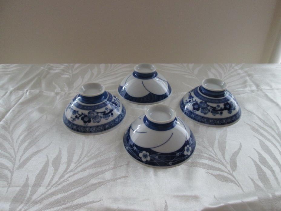 4 vintage Japan fine porcelain blue soup / rice bowls