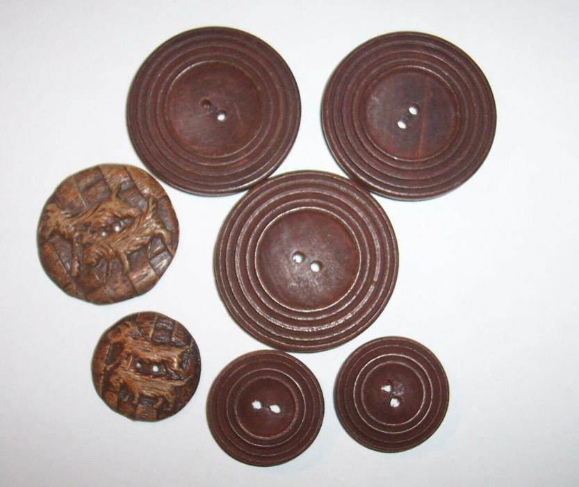 Seven Vintage Wooden Buttons w/ Horse & Dogs and circles  1