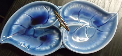 Leaf Design Serving Dish with Handle 2 Sections Blue Ceramic Made in Japan