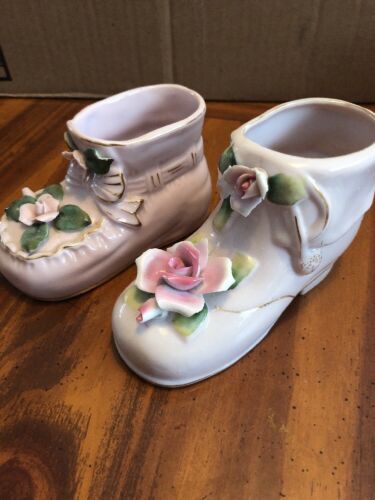 Lot Of 2 Porcerlain Pink Shoes With Flowers Made In Japan