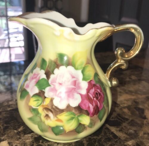 Vintage Norcrest Japan Pitcher w/ Yellow & Pink Roses-Foliage-Green-Hand Painted