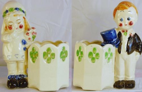Vintage Bride & Groom Flower Planter Pot Crazing Japan Wedding Cake Topper ED1