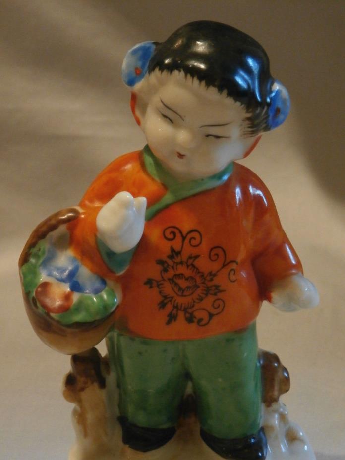 Antique 30's 40's Porcelain Figurine Oriental Woman W/ Basket Signed OK Japan