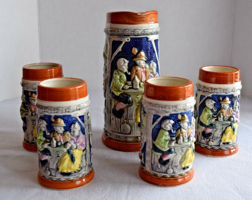 Japanese Porcelain German Style Beer Stein Pitcher With 4 Mugs Vintage Set