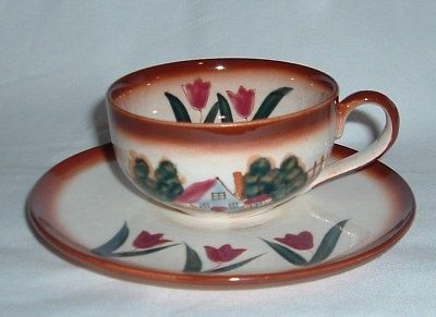 Vintage Cup & Saucer Set Hand Painted Made in Japan Rooster Farm Tulips Pattern
