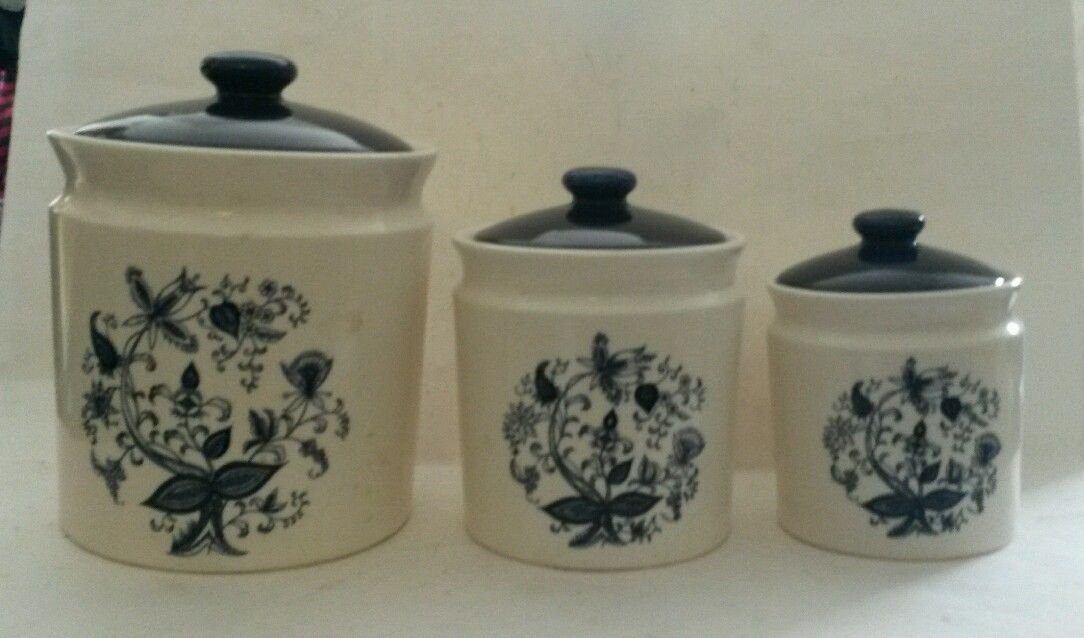 Vintage Ceramic Blue Onion Pattern Kitchen Canister Set of 3 Made in Japan