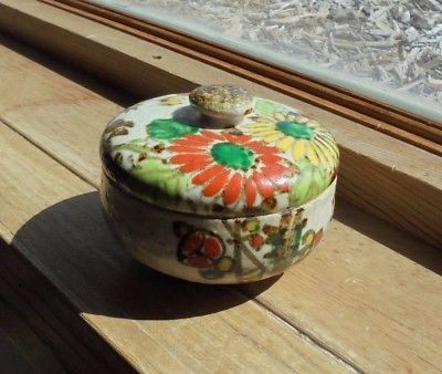 Vintage Glazed Trinket Bowl with Lid * Floral Design * G. O. Kyoto Japan