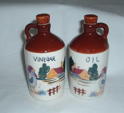 Vintage Oil and Vinegar Jugs Hand Painted Made in Japan Farm and Rooster Pattern