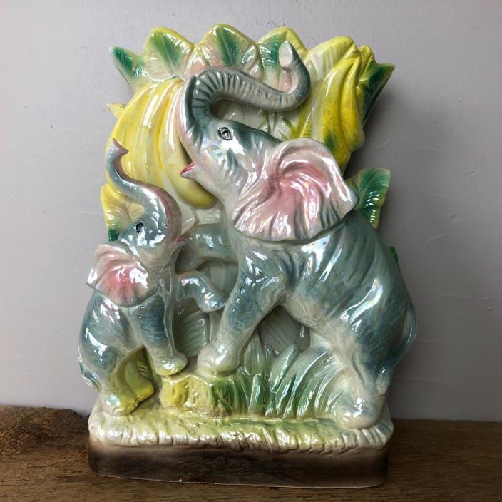 Vintage Iridescent Elephant Pacific Japanese Vase Hand Painted Trunk Up Ceramic