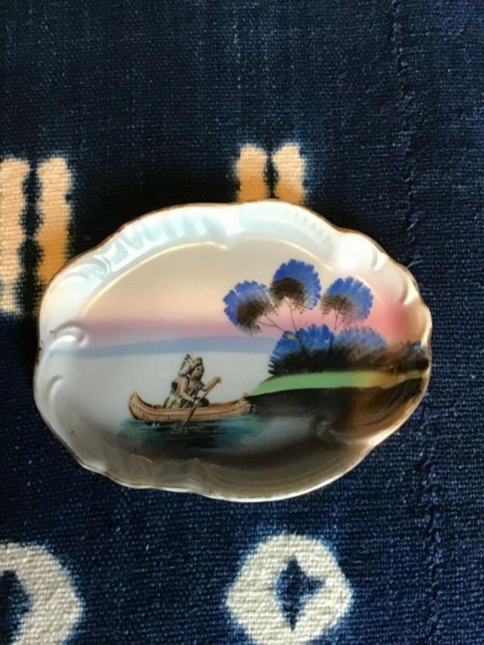 VINTAGE MADE IN JAPAN CERAMIC TRAY DEPICTING A NATIVE AMERICAN INDIAN IN A CANOE