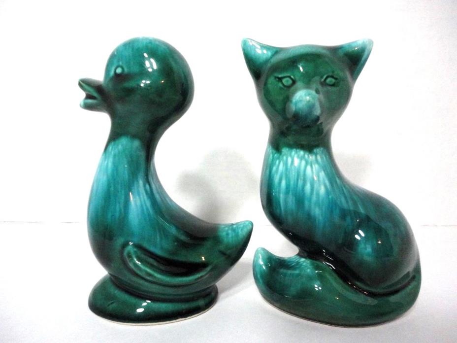 VINTAGE CERAMIC FOX & DUCK BLUE/GREEN DIPPED PAINT MADE IN JAPAN GLAZED