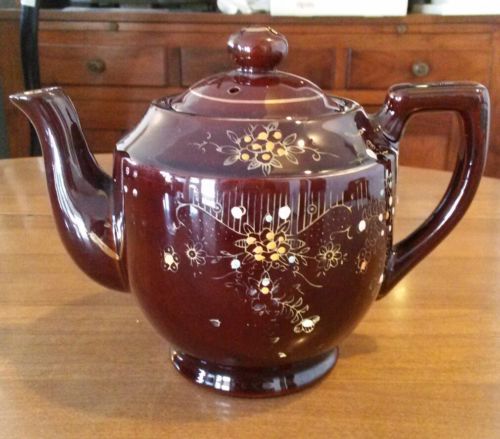 Vintage Redware Brown And Enamel Teapot JAPAN Very Nice
