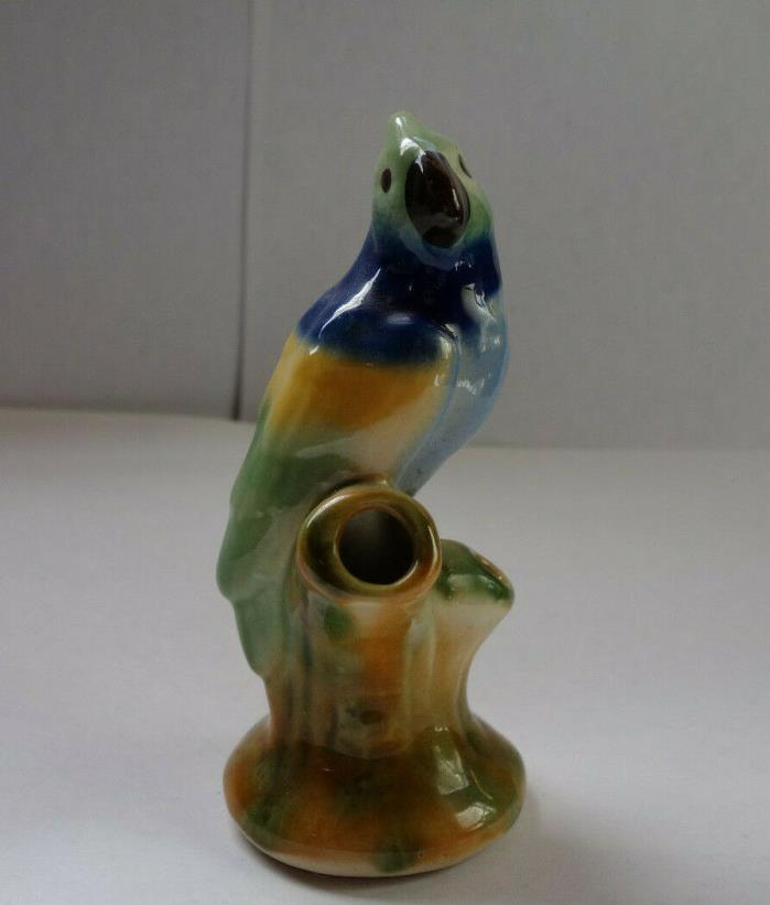 Vintage Blue & Parrot Ceramic Porcelain Flower Frog