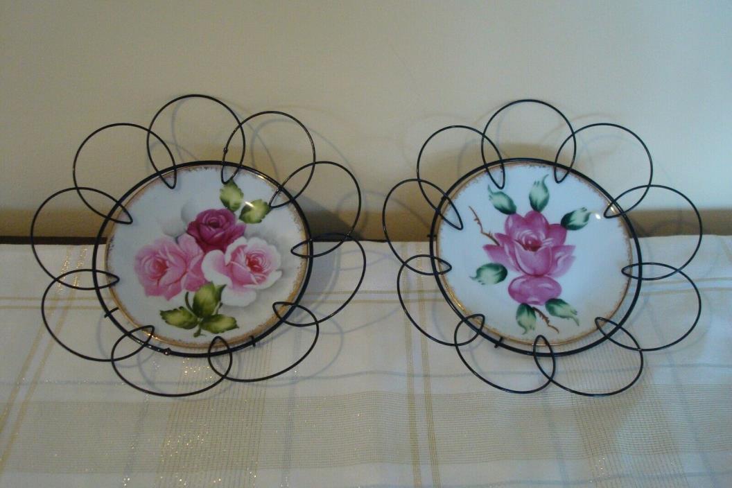 Pair Wall Plates with Wire Frame Holder Pink Rose Mid Century Decor Orion Japan
