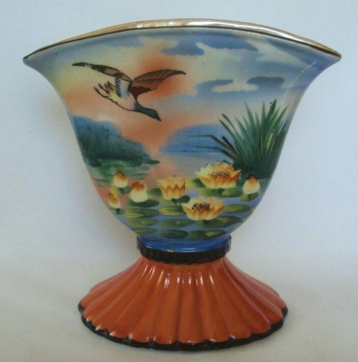 Vintage Art Deco Blue Floral Fan Vase & Bowl Sakuraware MIJ Japan Art Pottery