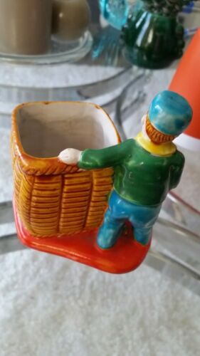 Vintage Hand Painted Planter of Dutch Boy standing by Basket