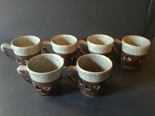 6 Vintage Somaware Crackle Double Wall Heart Golden Horse Tea Cups