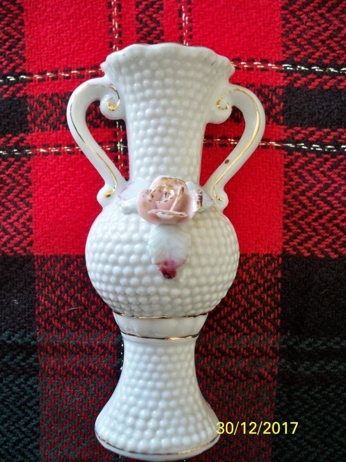 Vintage made in Japan Hobnail Style porcelain Vase with Applied Roses & gold