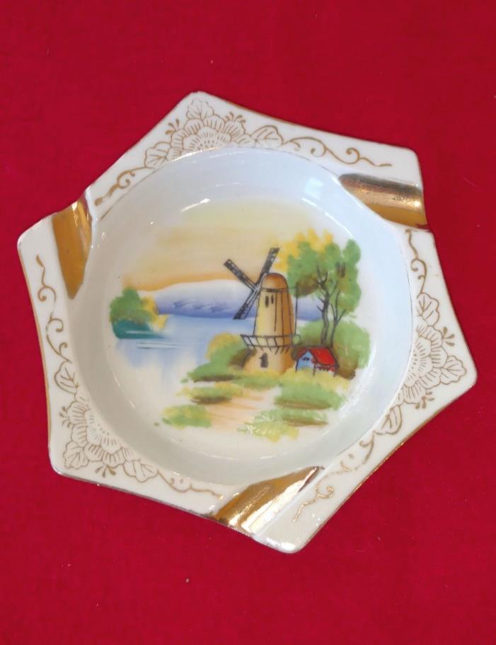 Vintage Dutch windmill hexagonal porcelain ashtray with gold accents Japan