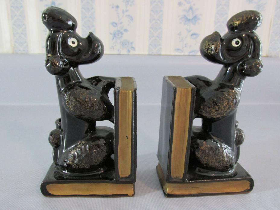 Vtg. Pair of Black and Gold Poodle Dog Ceramic Bookends Pen Holders 1950s Japan