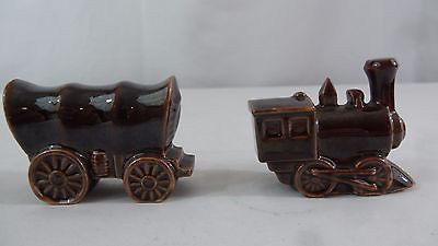Old Japanese Brown Glazed Porcelain Covered Wagon & Train Steam Engine Figurines