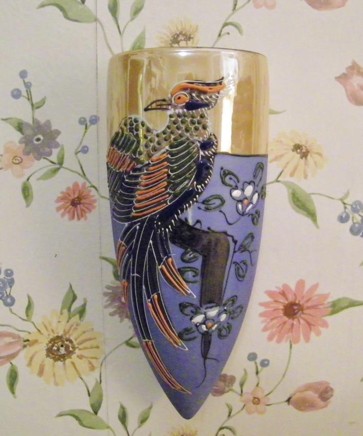 Vintage Hotta Yu Shoten Japan Wall Pocket Moriage Phoenix Bird Luster Porcelain