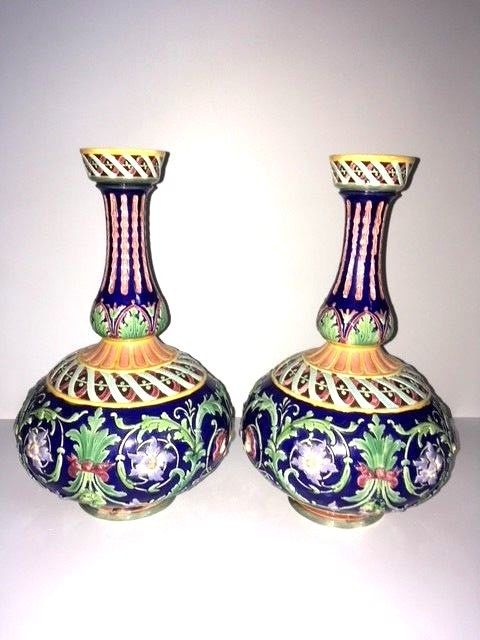 Antique Copeland Majolica Persian Form Vase Pair Circa 1847