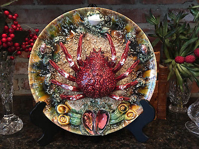 Antique Palissy Style Majolica Spider Crab Plate Charger Oyster Shell Ceramic