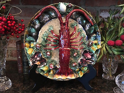 LARGE Antique Palissy Style Majolica LOBSTER Plate Charger Oyster Shell Ceramic