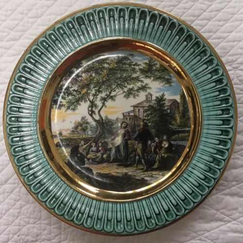 Neoclassical Style Crown SSF Italy Green Majolica Transfer Art Decorative Plate