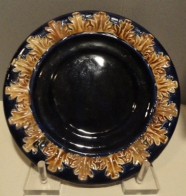 ANTIQUE MAJOLICA PLATE - COBALT WITH LEAF BORDER - Near Excellent
