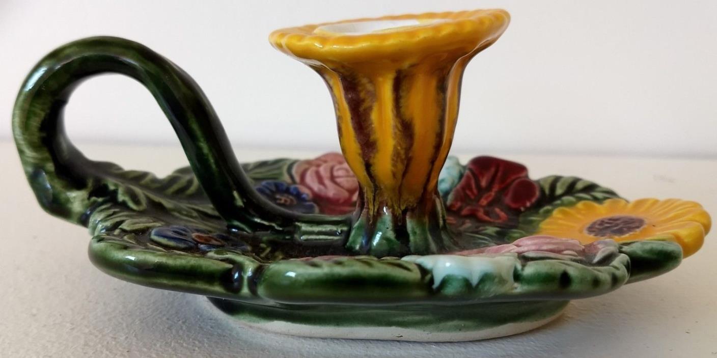 Antique Continental Majolica Floral Finger Candlestick Original