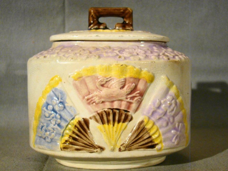 Antique Majolica Fan, Bird & Butterfly Covered Sugar Bowl c1880's