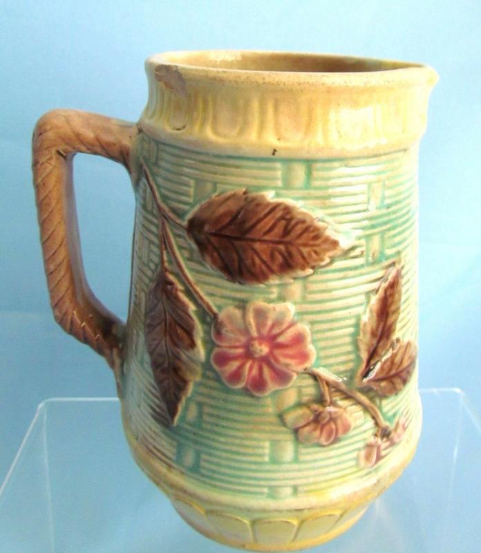 Antique Majolica Green and Yellow Basket Weave Wild Rose Pitcher