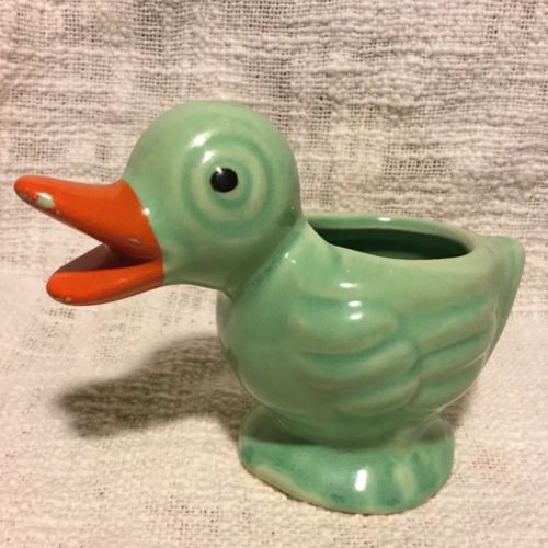 Vintage McCoy Quacking Baby Duck Planter Green w/ Painted Beak & Eyes