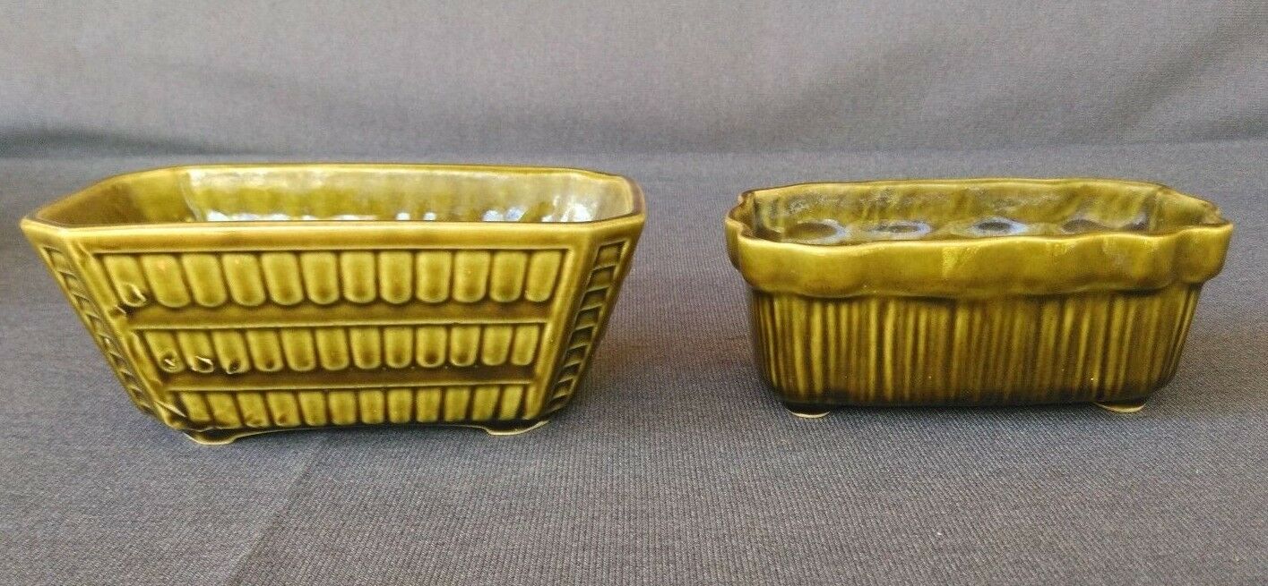 2 Vintage Glossy OLIVE GREEN PLANTERS BRUSH USA POTTERY