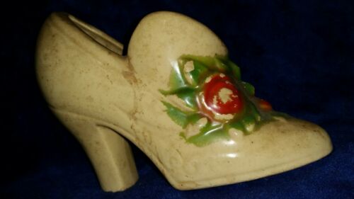 Vintage Cream Colored High Heeled Shoe Planter Red Flowers ceremic