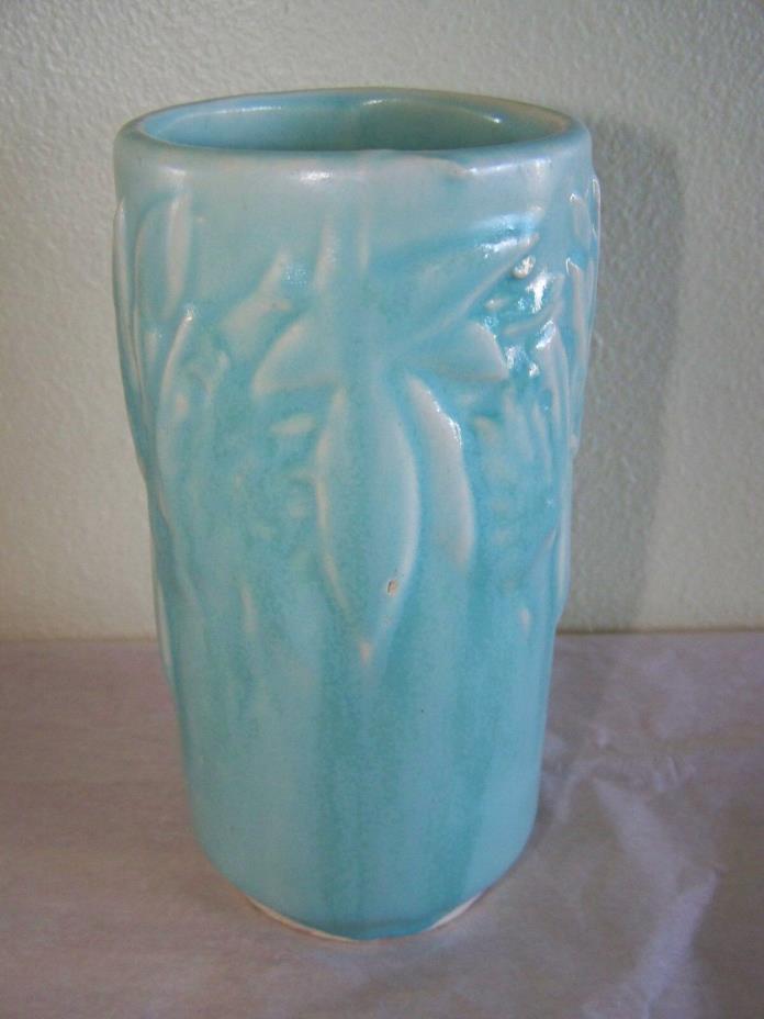 Vintage Nelson McCoy Pottery Blue Green Butterfly Line Vase Cylindrical NM Mark