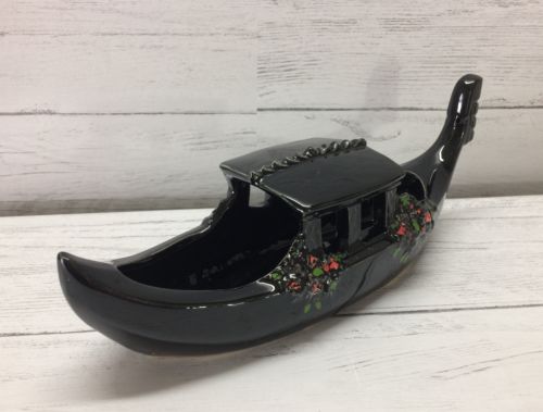 Vintage Mid Century McCoy Black Gondola Boat Pink Roses Planter Vase